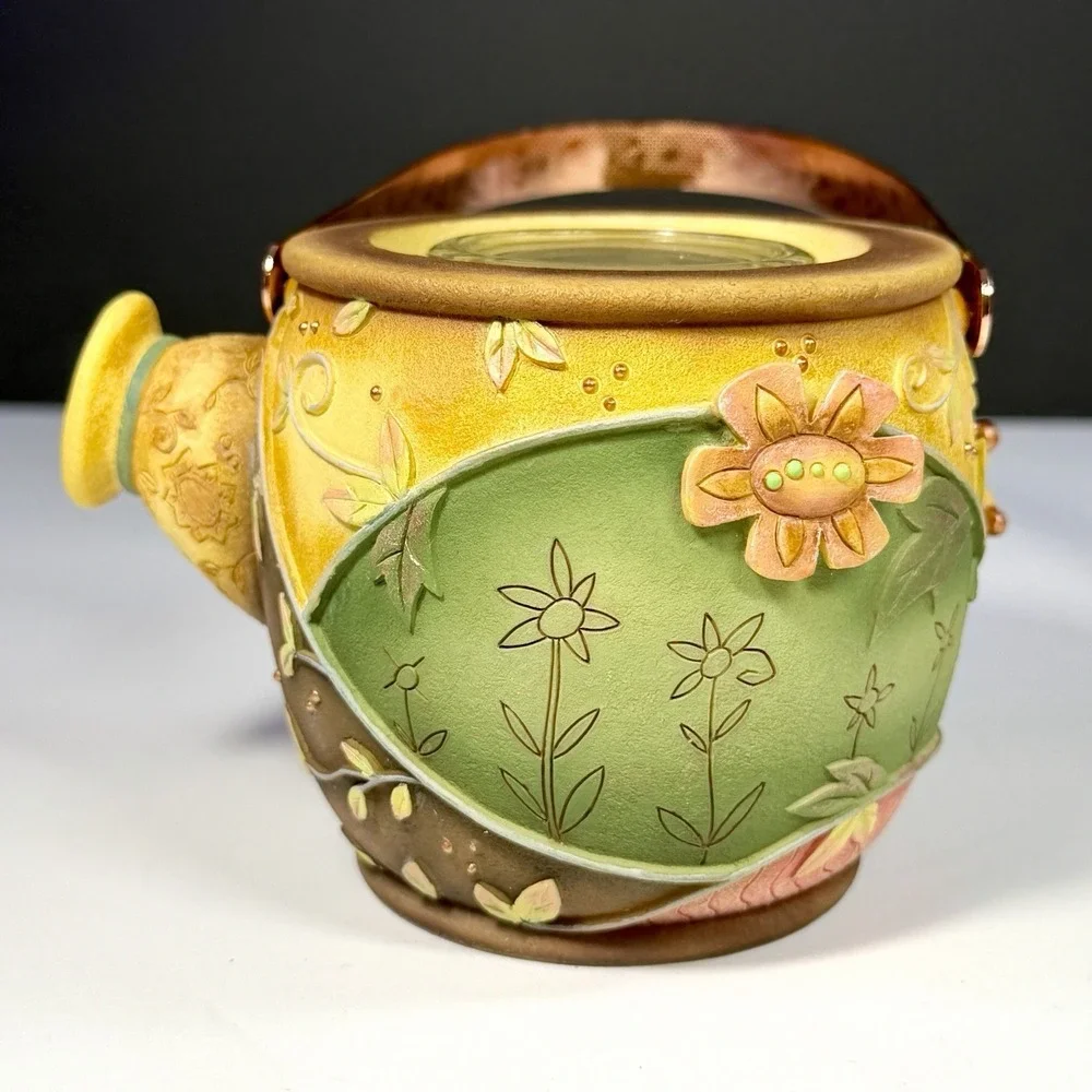 2003 Enesco Blooming Wild Karen Hahn Floral Watering Can Candle Holder Cottage